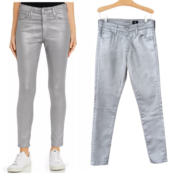 AG Farrah High Rise Skinny Jeans Silver Size 27 Leatherette Chrome-Cast Iron - Picture 1 of 13